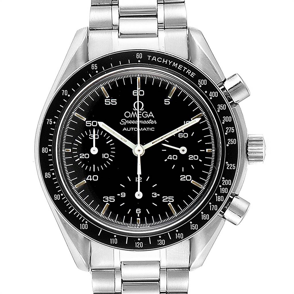 The image shows a front view of an Omega Speedmaster 3510.50.00 Men
s Stainless Steel Black Dial 3510.50.00 Men
s Stainless Steel Black Dial watch, highlighting the dial, bezel, and bracelet.
