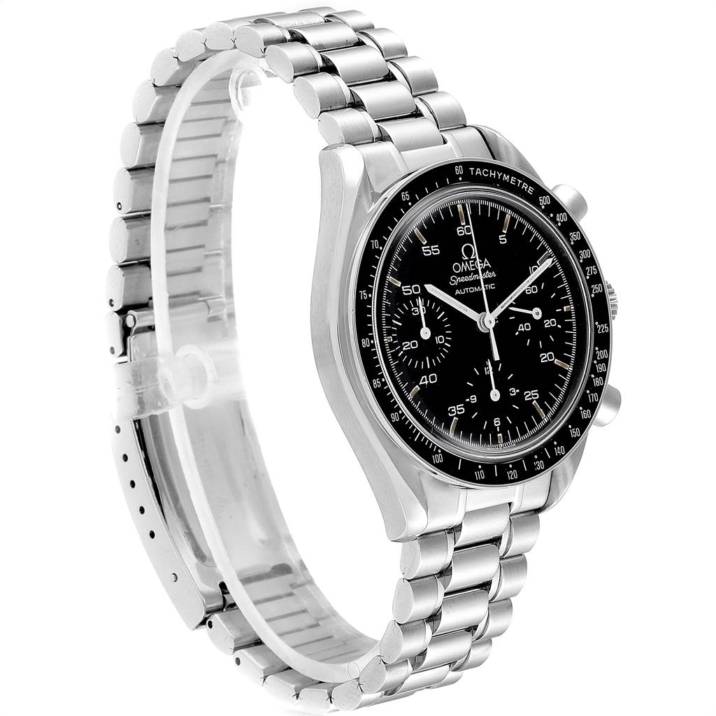 The Omega Speedmaster 3510.50.00 Men
s Stainless Steel Black Dial 3510.50.00 Men
s Stainless Steel Black Dial watch is shown from a right-side angle, displaying its face, bezel, and metal bracelet.