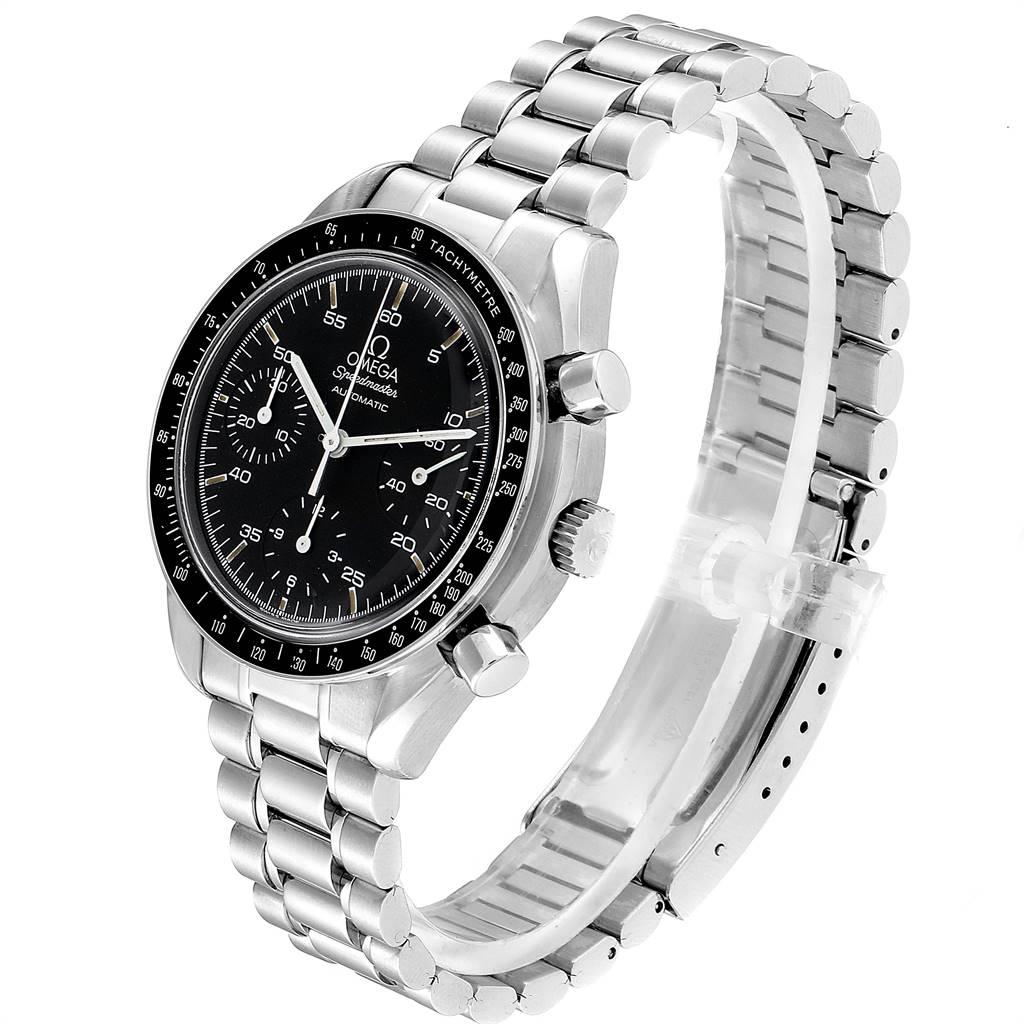 This image shows an Omega Speedmaster 3510.50.00 Men
s Stainless Steel Black Dial 3510.50.00 Men
s Stainless Steel Black Dial watch angled from the left, displaying the stainless steel bracelet, bezel, dial, crown, and pushers.