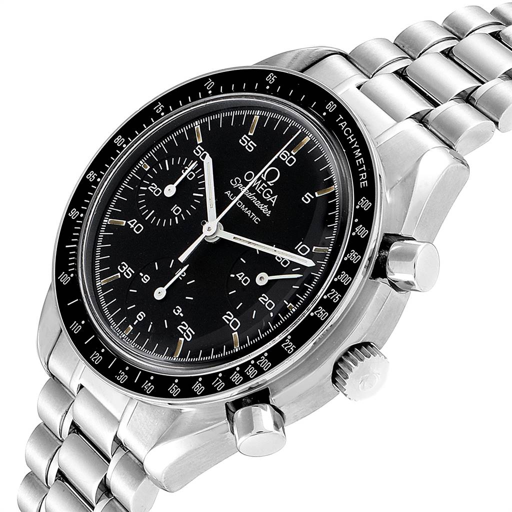 This Omega Speedmaster 3510.50.00 Men
s Stainless Steel Black Dial 3510.50.00 Men
s Stainless Steel Black Dial watch is shown at an oblique angle highlighting the dial, tachymeter bezel, and stainless steel bracelet.