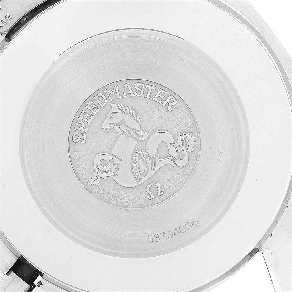 This image shows the engraved case back of an Omega Speedmaster 3510.50.00 Men
s Stainless Steel Black Dial 3510.50.00 Men
s Stainless Steel Black Dial watch.