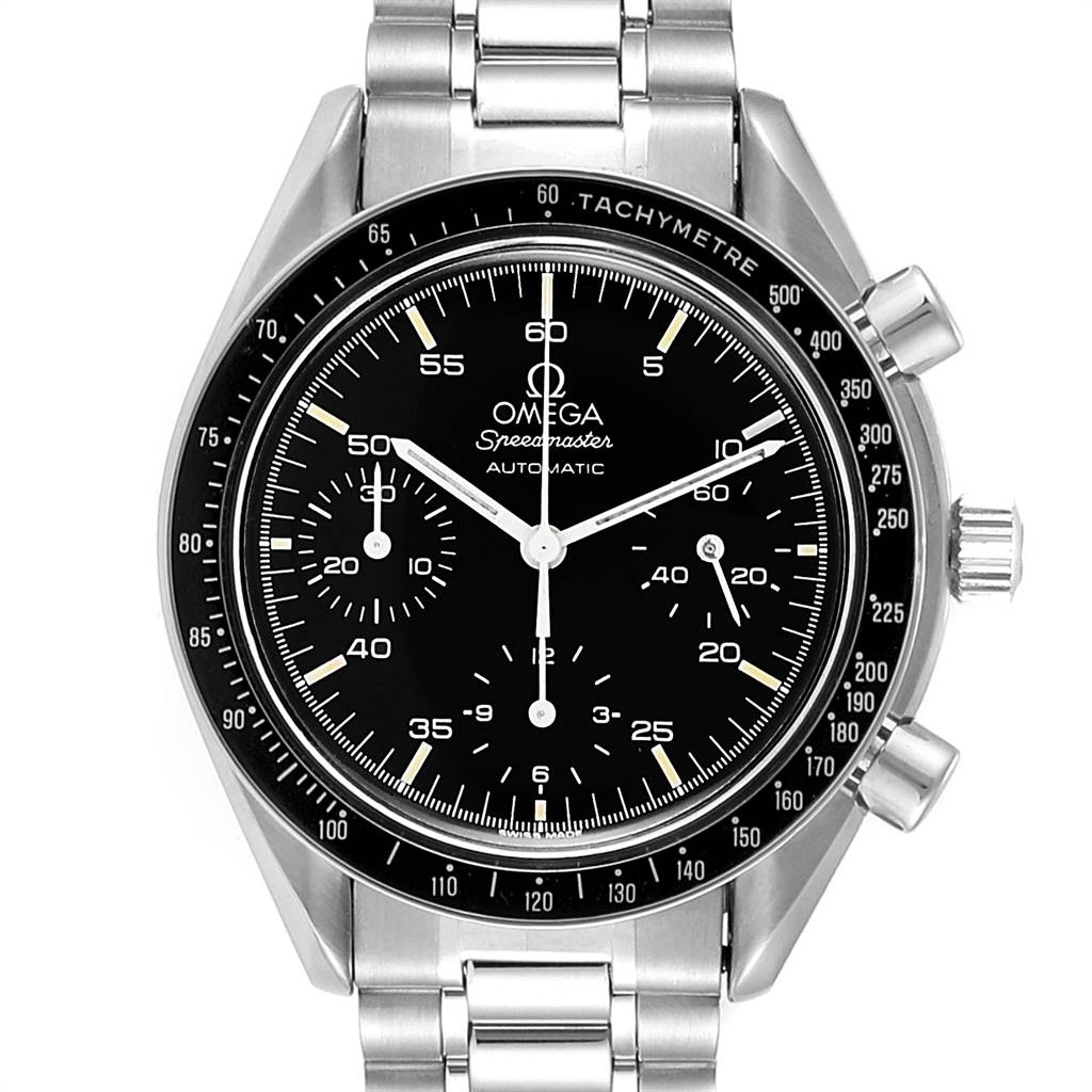 The image shows a frontal view of an Omega Speedmaster 3510.50.00 Men
s Stainless Steel Black Dial 3510.50.00 Men
s Stainless Steel Black Dial watch with a stainless steel bracelet and tachymeter bezel.