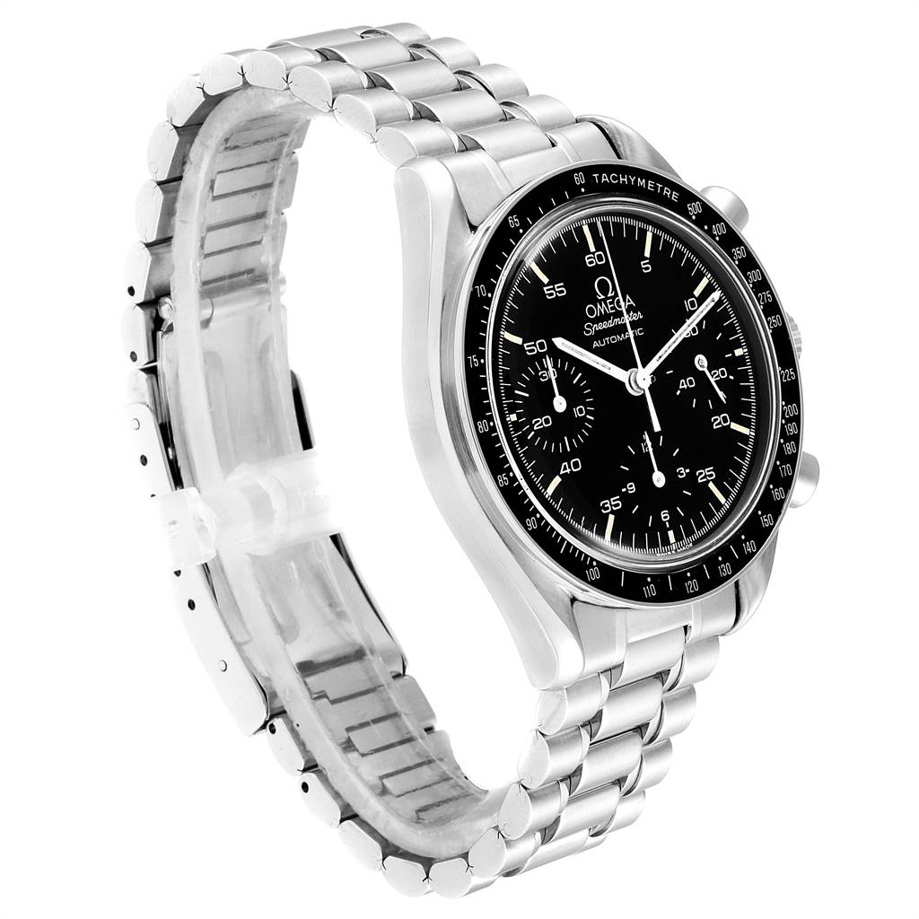 The image shows an Omega Speedmaster 3510.50.00 Men
s Stainless Steel Black Dial 3510.50.00 Men
s Stainless Steel Black Dial watch at a 3/4 angle, highlighting its black dial, bezel, and stainless steel bracelet.