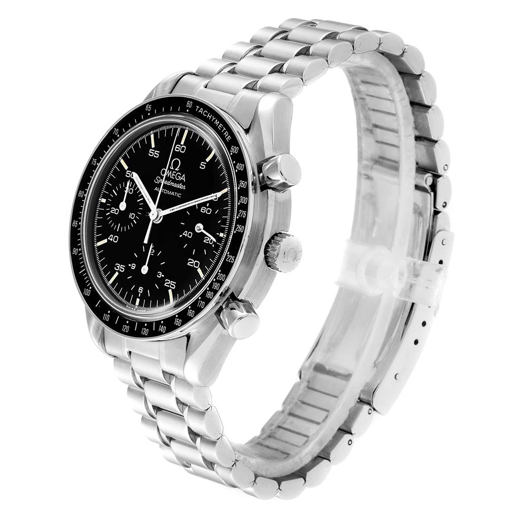 The Omega Speedmaster 3510.50.00 Men
s Stainless Steel Black Dial 3510.50.00 Men
s Stainless Steel Black Dial watch is shown at a three-quarter angle displaying the face, bezel, pushers, crown, and stainless steel bracelet.