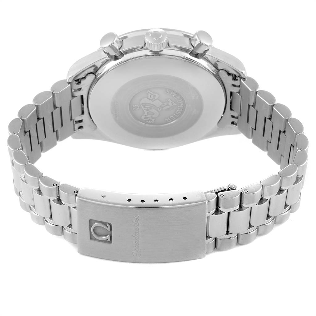 This image shows the back and side view of an Omega Speedmaster 3510.50.00 Men
s Stainless Steel Black Dial 3510.50.00 Men
s Stainless Steel Black Dial, highlighting its case back, crown, pushers, and metal bracelet with clasp.