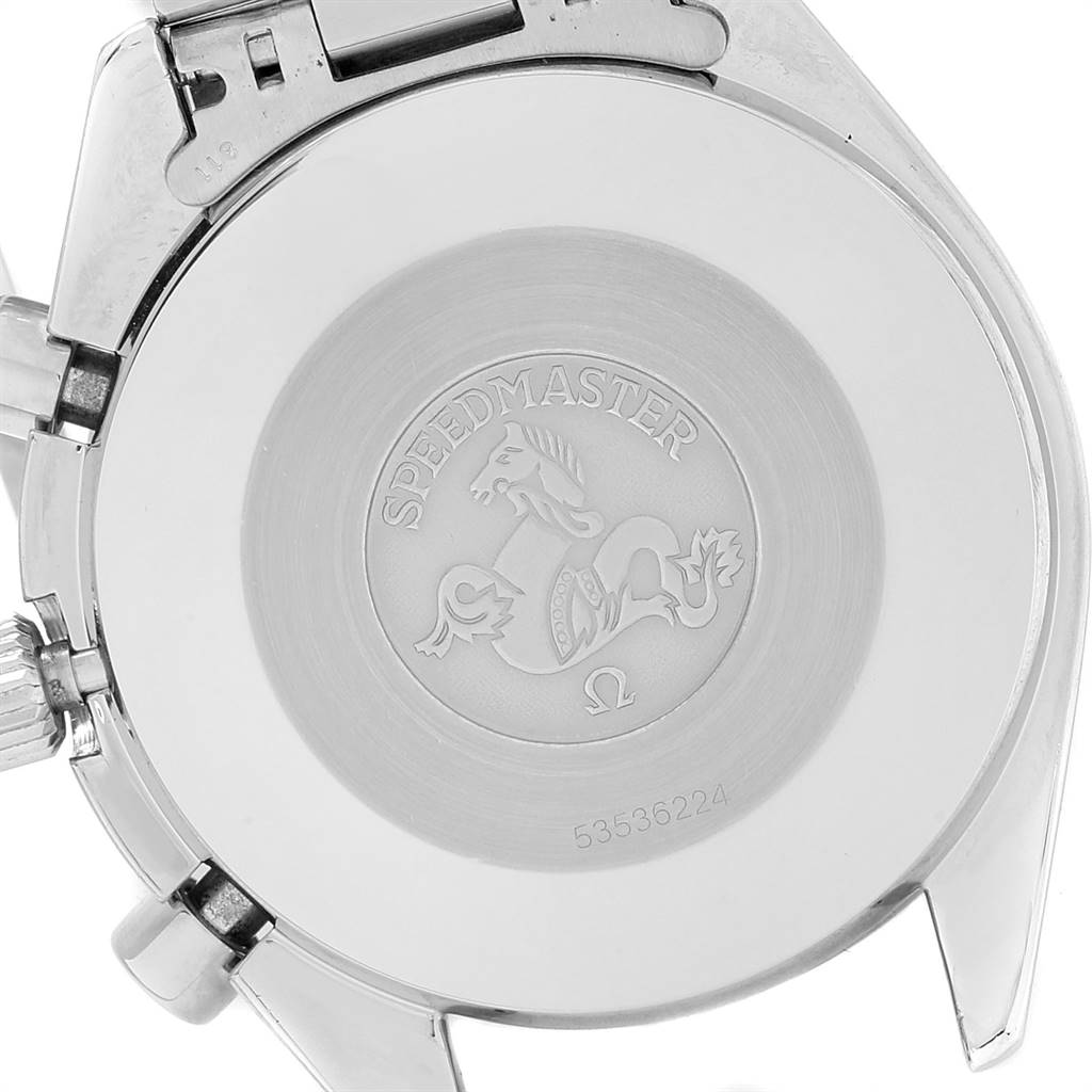 The image shows the back case of an Omega Speedmaster 3510.50.00 Men
s Stainless Steel Black Dial 3510.50.00 Men
s Stainless Steel Black Dial watch, highlighting its emblem and serial number.