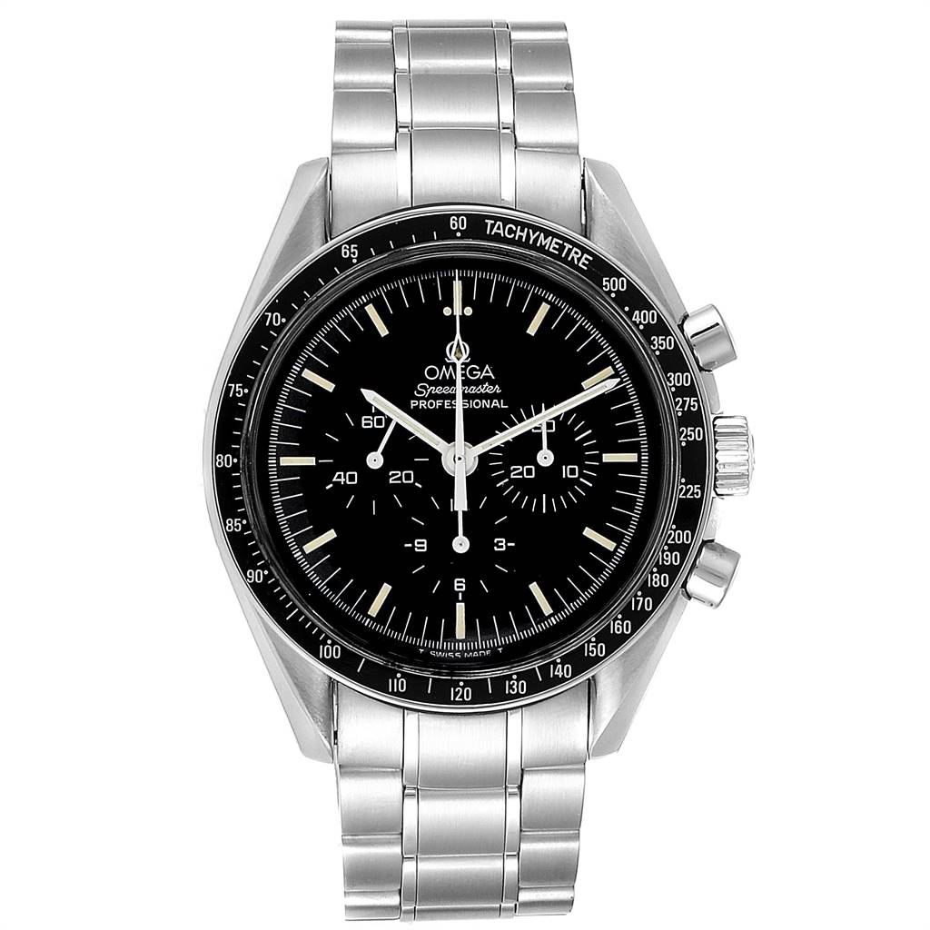 The Omega Speedmaster 3590.50.00 Men's Stainless Steel Black Dial 3590.50.00 Men's Stainless Steel Black Dial watch is shown from a front angle, displaying its face, bezels, and stainless steel bracelet.
