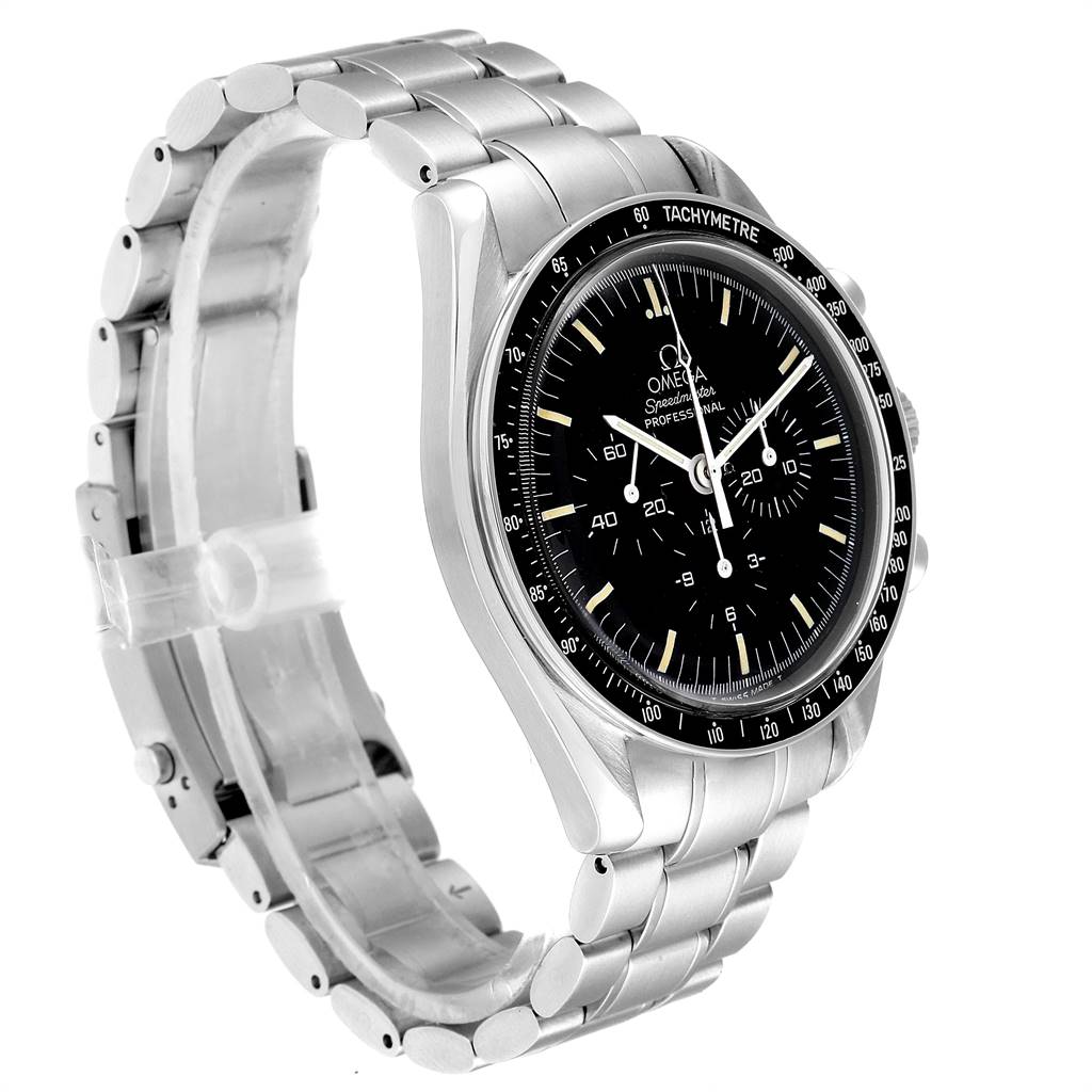 The image shows a side view of an Omega Speedmaster 3590.50.00 Men's Stainless Steel Black Dial 3590.50.00 Men's Stainless Steel Black Dial watch, highlighting its bracelet and black tachymeter bezel.