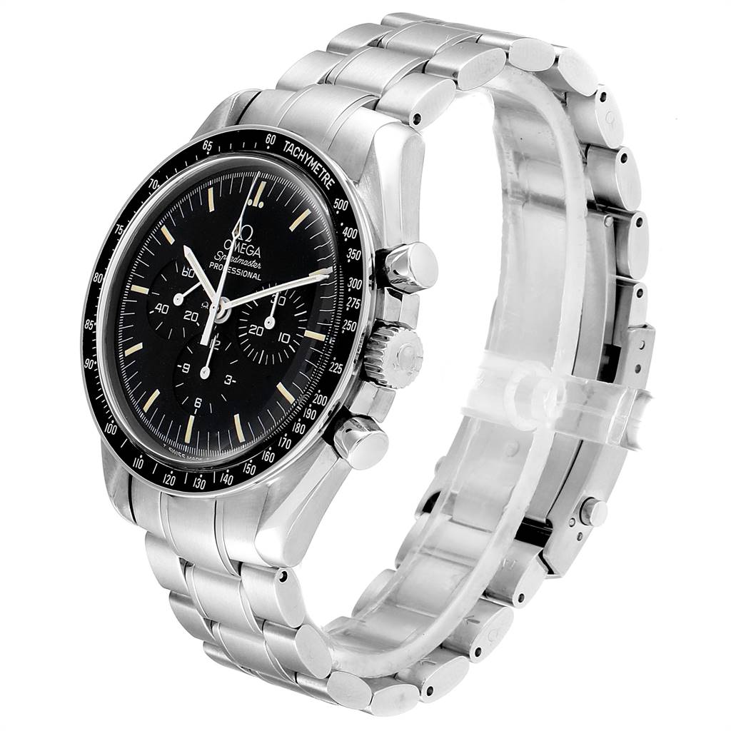 The image shows an angled view of an Omega Speedmaster 3590.50.00 Men's Stainless Steel Black Dial 3590.50.00 Men's Stainless Steel Black Dial watch featuring the face, crown, pushers, and part of the bracelet.