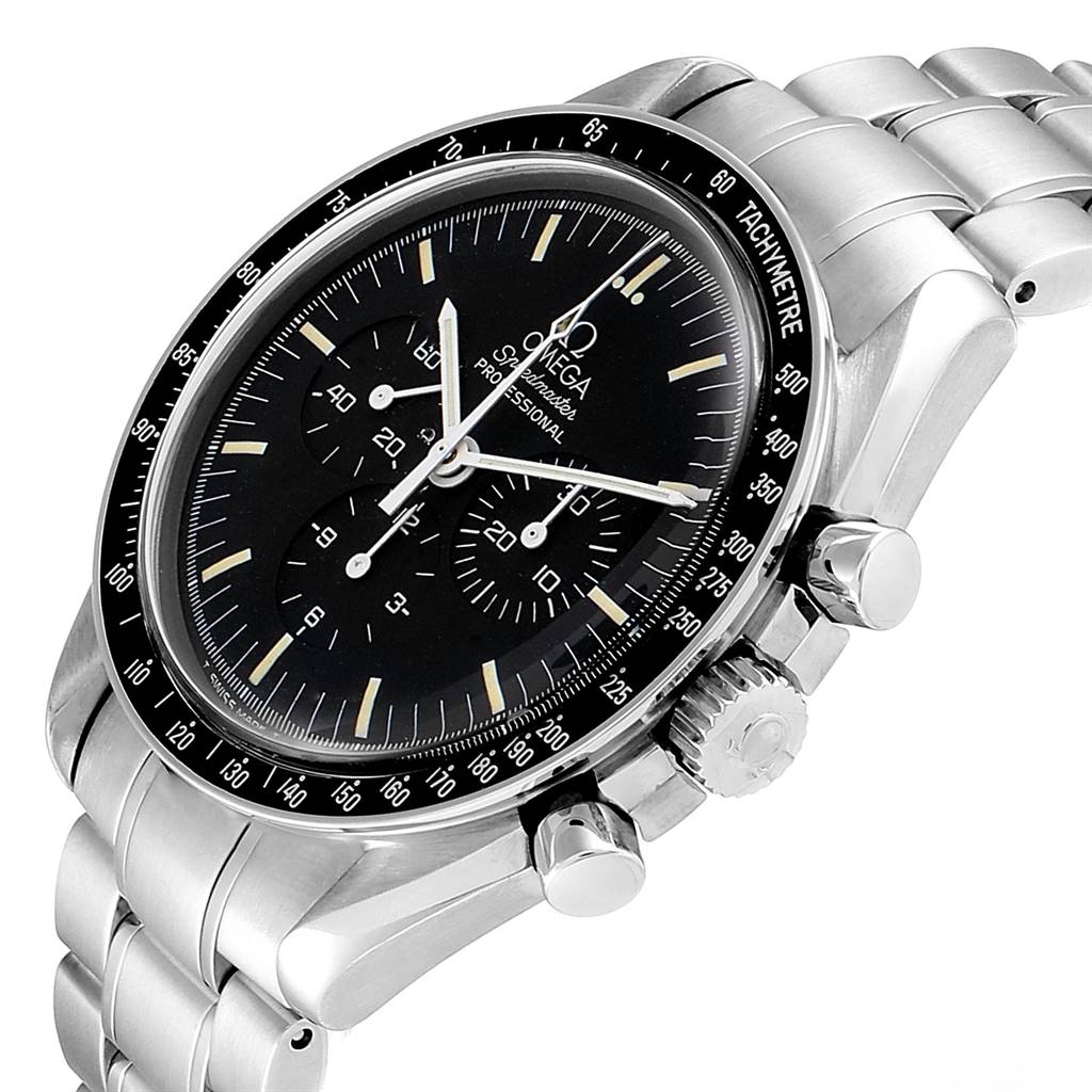 The image shows an Omega Speedmaster 3590.50.00 Men's Stainless Steel Black Dial 3590.50.00 Men's Stainless Steel Black Dial watch from a side angle, highlighting the bezel, crown, pushers, and metal band.