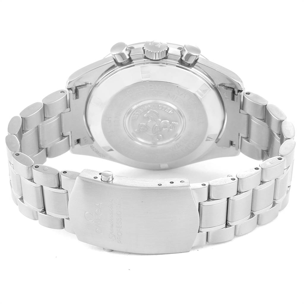 The image shows the back clasp and case back of an Omega Speedmaster 3590.50.00 Men's Stainless Steel Black Dial 3590.50.00 Men's Stainless Steel Black Dial watch, viewed from a rear angle.