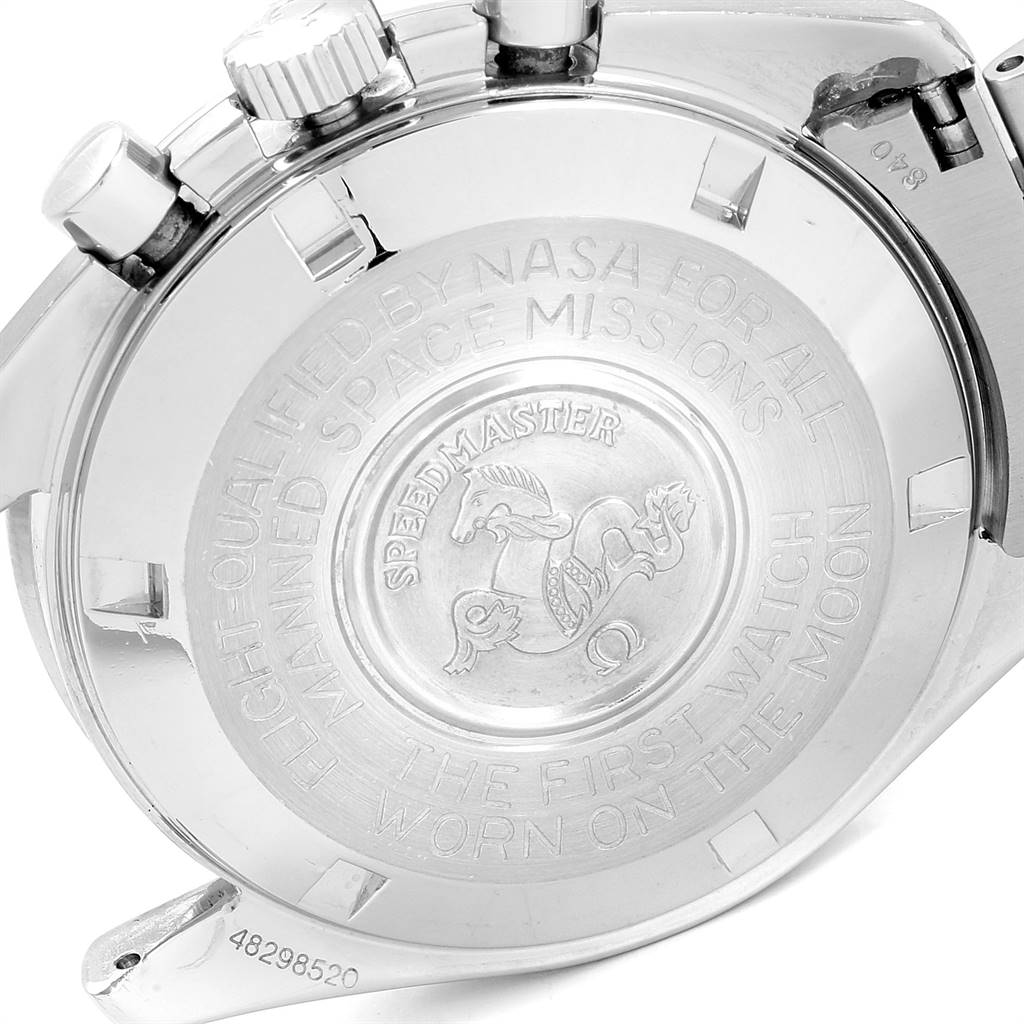 The image shows the backside of an Omega Speedmaster 3590.50.00 Men's Stainless Steel Black Dial 3590.50.00 Men's Stainless Steel Black Dial watch, highlighting the engraved details and engraving on the case back.