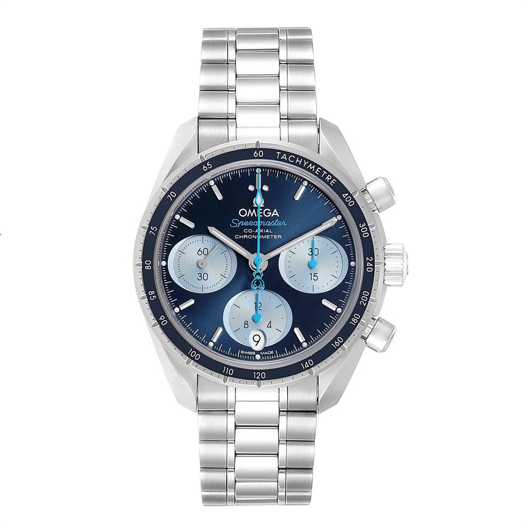 The image shows a front view of an Omega Speedmaster 324.30.38.50.03.002 Men
s Stainless Steel Blue Dial 324.30.38.50.03.002 Men
s Stainless Steel Blue Dial watch, highlighting its face, chronograph sub-dials, and stainless steel bracelet.