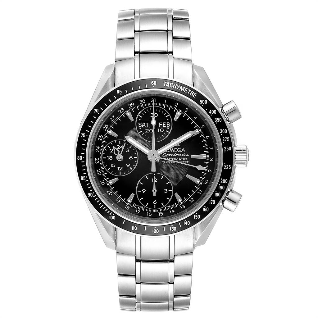 This image shows a front view of an Omega Speedmaster 3220.50.00 Men
s Stainless Steel Black Dial 3220.50.00 Men
s Stainless Steel Black Dial watch, displaying the dial, bezel, pushers, and bracelet.
