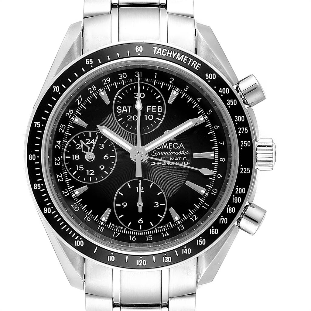 This image shows the front of an Omega Speedmaster 3220.50.00 Men
s Stainless Steel Black Dial 3220.50.00 Men
s Stainless Steel Black Dial watch, featuring its dial, subdials, tachymeter bezel, and stainless steel bracelet.