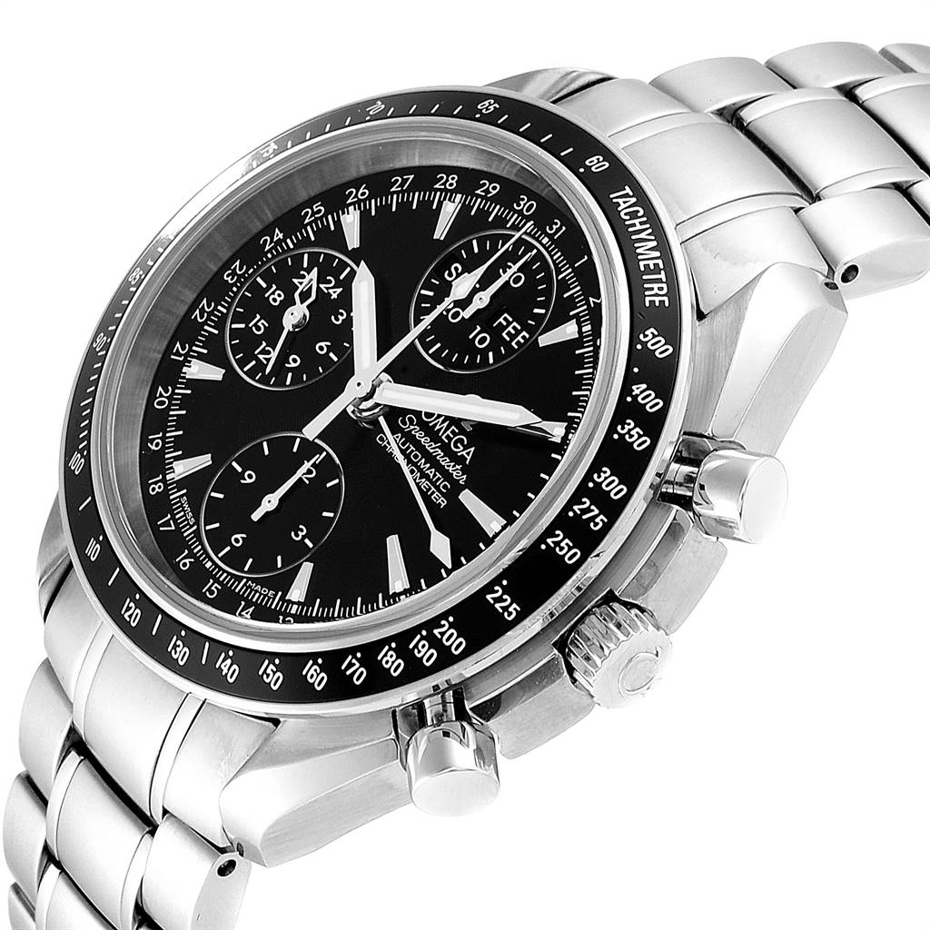 The image shows an Omega Speedmaster 3220.50.00 Men
s Stainless Steel Black Dial 3220.50.00 Men
s Stainless Steel Black Dial watch from an angled side view, highlighting its bezel, dial, and chronograph pushers.