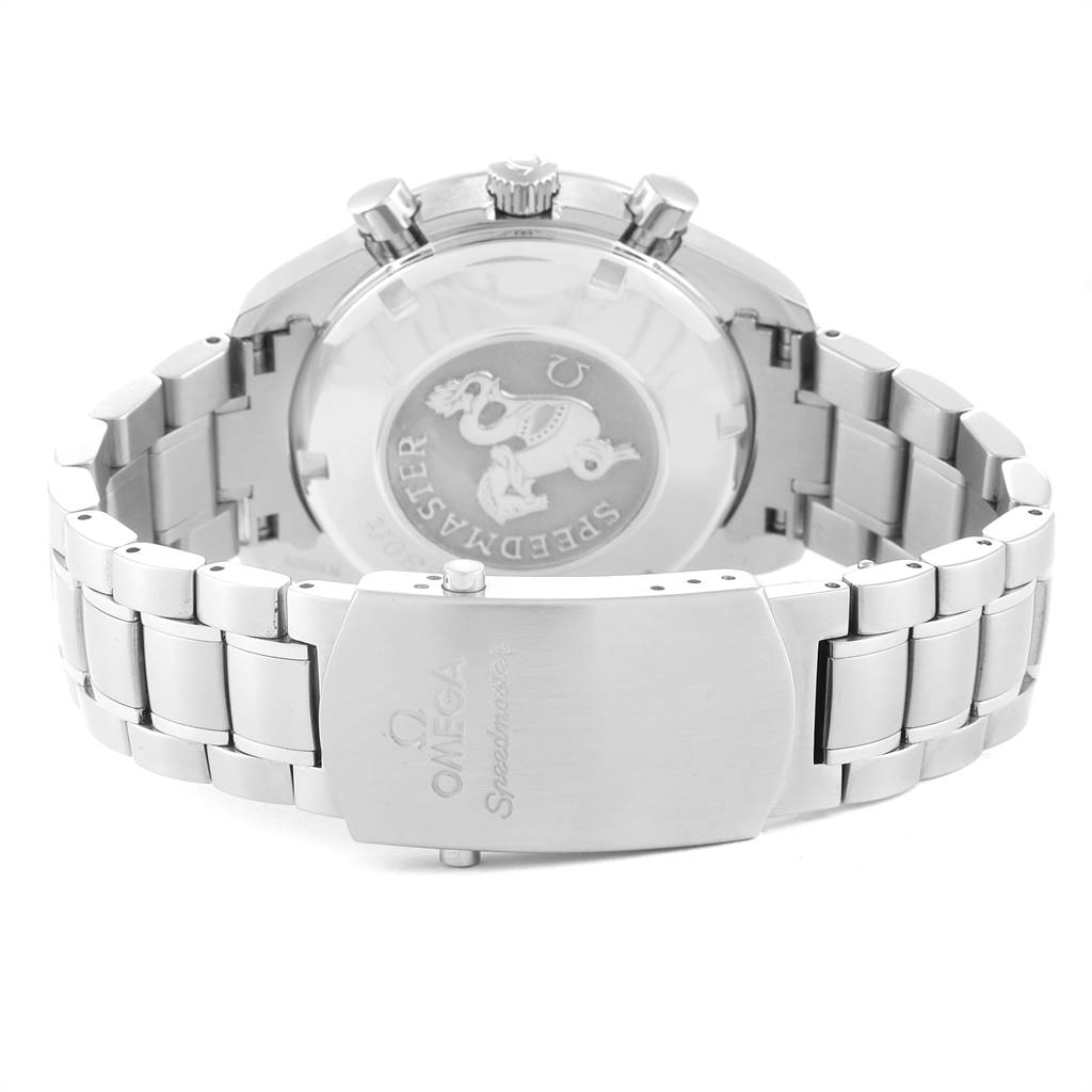 The image shows the back case and bracelet of an Omega Speedmaster 3220.50.00 Men
s Stainless Steel Black Dial 3220.50.00 Men
s Stainless Steel Black Dial watch from a rear angle.