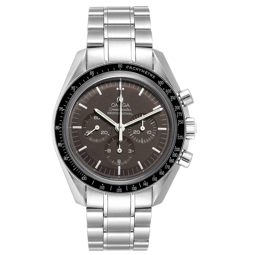The image shows a front view of an Omega Speedmaster 311.30.42.30.13.001 Men's Stainless Steel Brown Dial 311.30.42.30.13.001 Men's Stainless Steel Brown Dial watch, displaying its dial, tachymeter bezel, and metal bracelet.