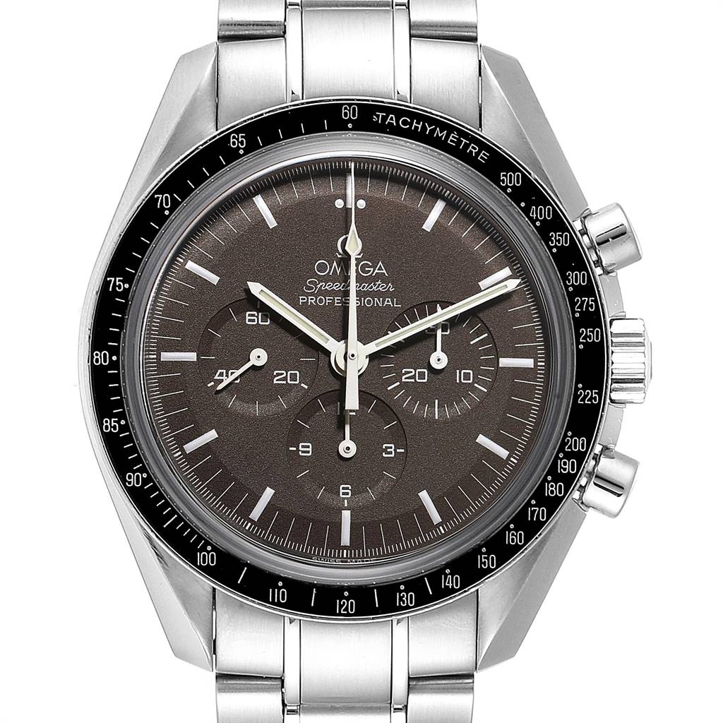 This image shows a head-on view of the Omega Speedmaster 311.30.42.30.13.001 Men's Stainless Steel Brown Dial 311.30.42.30.13.001 Men's Stainless Steel Brown Dial watch, highlighting its dial, bezel, and bracelet.