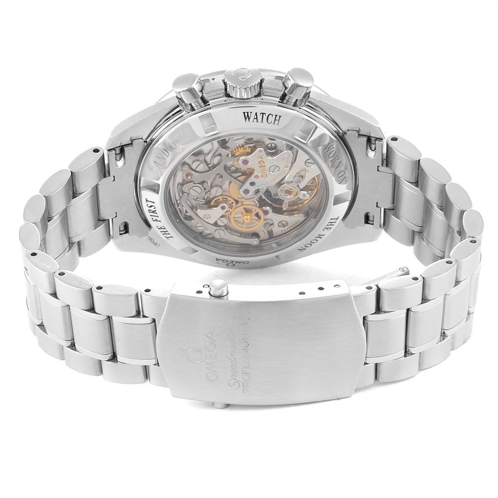 The image shows the back view of the Omega Speedmaster 311.30.42.30.13.001 Men's Stainless Steel Brown Dial 311.30.42.30.13.001 Men's Stainless Steel Brown Dial watch, highlighting its transparent case back and metal bracelet.