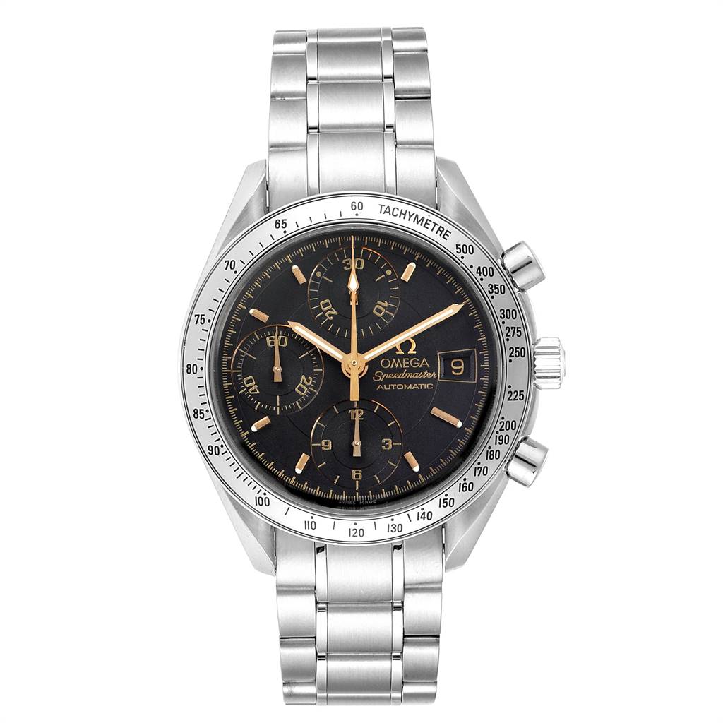 This image shows a front view of an Omega Speedmaster 3513.54.00 Men's Stainless Steel Black Dial 3513.54.00 Men's Stainless Steel Black Dial watch, displaying the dial, hands, chronograph subdials, and bracelet.