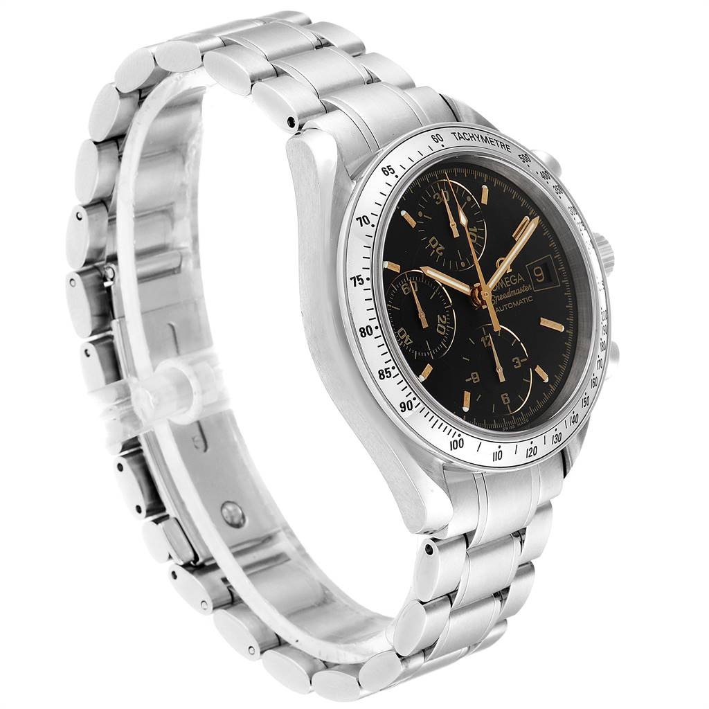 The Omega Speedmaster 3513.54.00 Men's Stainless Steel Black Dial 3513.54.00 Men's Stainless Steel Black Dial watch is shown at a side angle highlighting its stainless steel case, black dial, and metal bracelet.