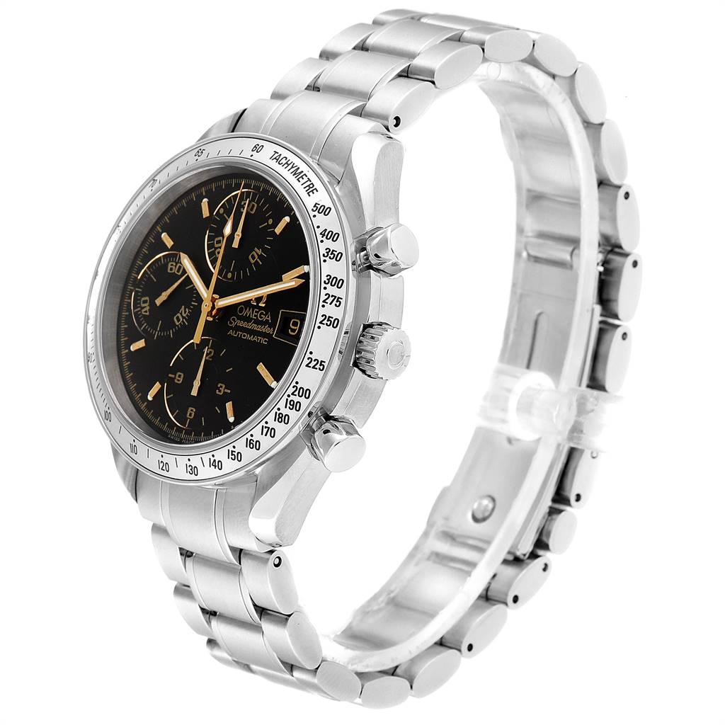 This image shows a side angle of an Omega Speedmaster 3513.54.00 Men's Stainless Steel Black Dial 3513.54.00 Men's Stainless Steel Black Dial watch, detailing its black dial, chronograph function, and stainless steel bracelet.