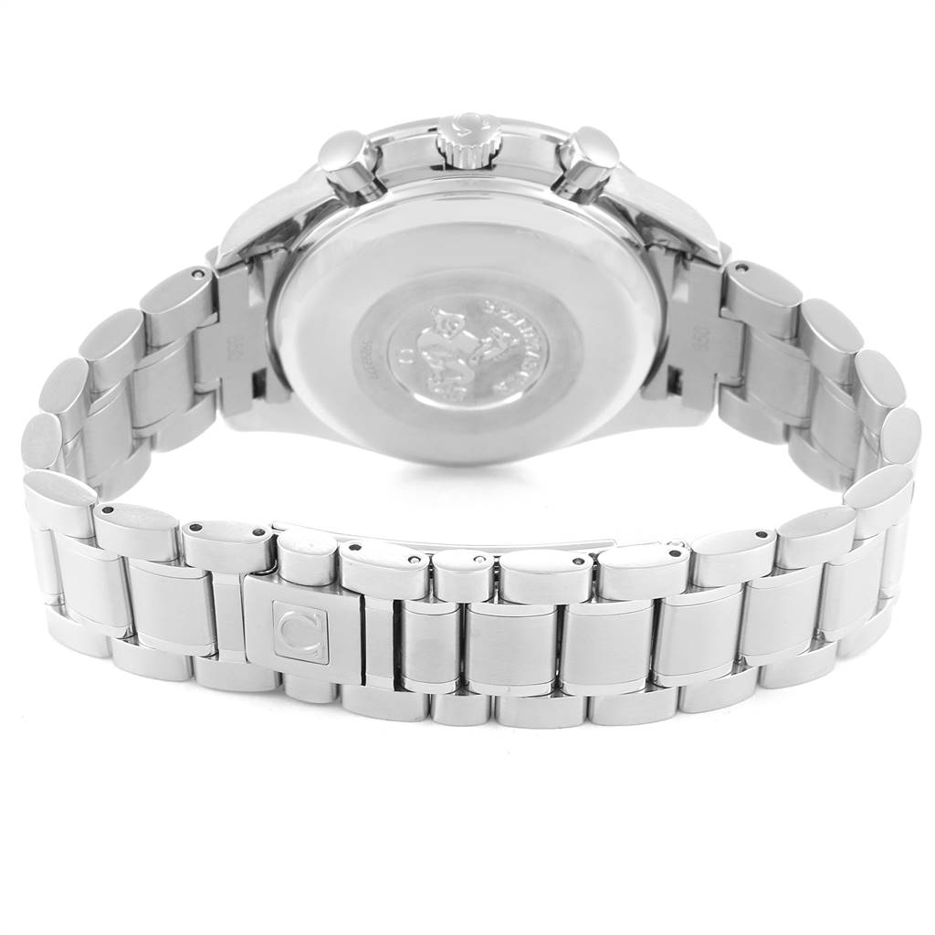 The image shows the back view of an Omega Speedmaster 3513.54.00 Men's Stainless Steel Black Dial 3513.54.00 Men's Stainless Steel Black Dial watch, highlighting its stainless steel bracelet and case back.