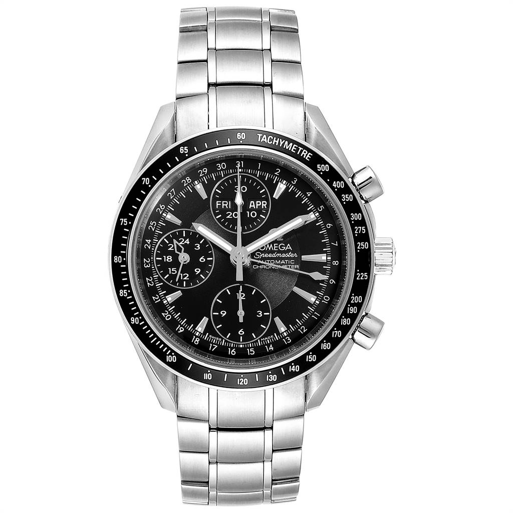 The image shows a front view of an Omega Speedmaster 3220.50.00 Men
s Stainless Steel Black Dial 3220.50.00 Men
s Stainless Steel Black Dial watch, highlighting its dial, tachymeter, chronograph sub-dials, and stainless steel bracelet.