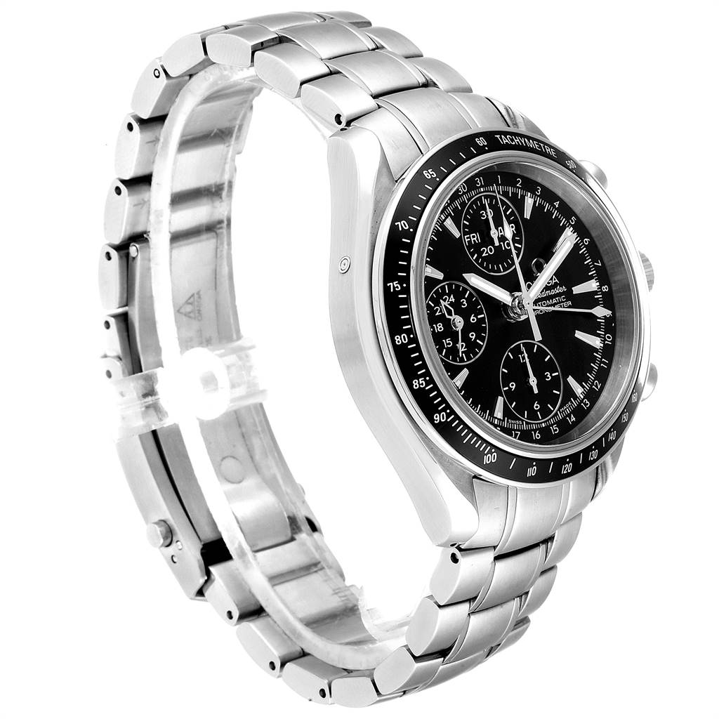 The image shows a side-angle view of an Omega Speedmaster 3220.50.00 Men
s Stainless Steel Black Dial 3220.50.00 Men
s Stainless Steel Black Dial watch, highlighting its black dial and stainless steel bracelet.
