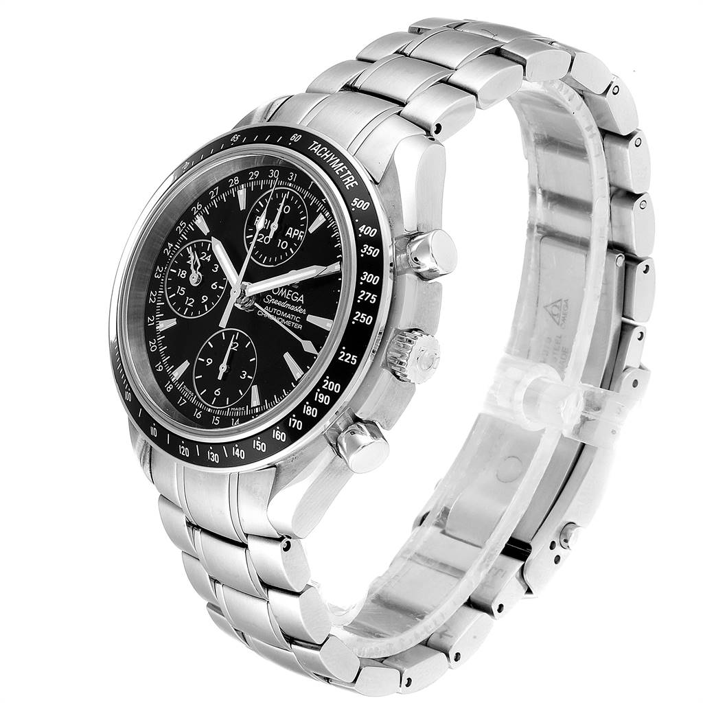 The Omega Speedmaster 3220.50.00 Men
s Stainless Steel Black Dial 3220.50.00 Men
s Stainless Steel Black Dial watch is shown from a front-side angle, highlighting its black dial, tachymeter bezel, and stainless steel bracelet.