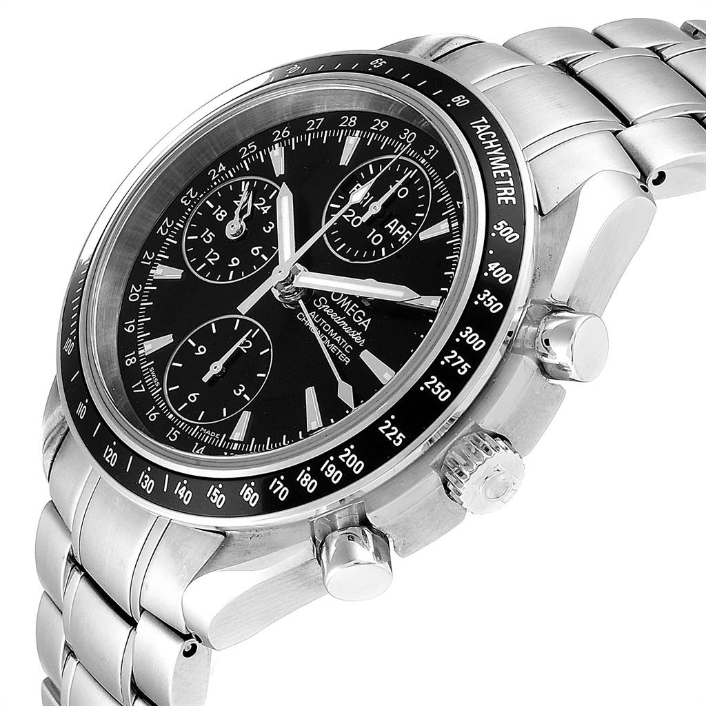 The image shows an Omega Speedmaster 3220.50.00 Men
s Stainless Steel Black Dial 3220.50.00 Men
s Stainless Steel Black Dial watch at an angled side view, displaying the dial, bezel, pushers, and part of the bracelet.