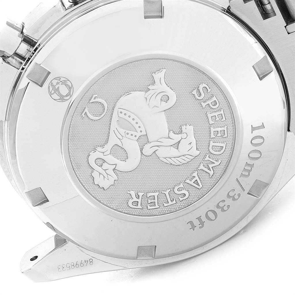 The image shows the back case of an Omega Speedmaster 323.30.40.40.04.001 Men's Stainless Steel White Dial 323.30.40.40.04.001 Men's Stainless Steel White Dial watch, displaying the engraved details and brand logo.