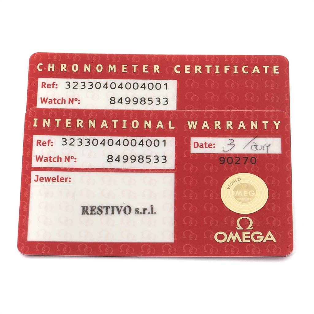 The image shows the chronometer certificate and international warranty cards for an Omega Speedmaster 323.30.40.40.04.001 Men's Stainless Steel White Dial 323.30.40.40.04.001 Men's Stainless Steel White Dial watch.