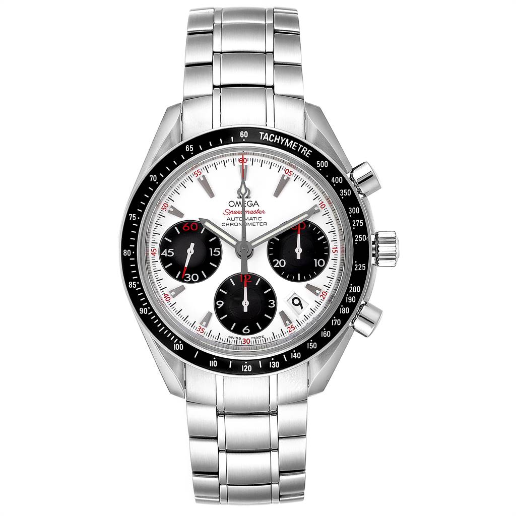 The Omega Speedmaster 323.30.40.40.04.001 Men's Stainless Steel White Dial 323.30.40.40.04.001 Men's Stainless Steel White Dial watch is shown from a frontal angle, displaying its dial, subdials, bezel, and bracelet.