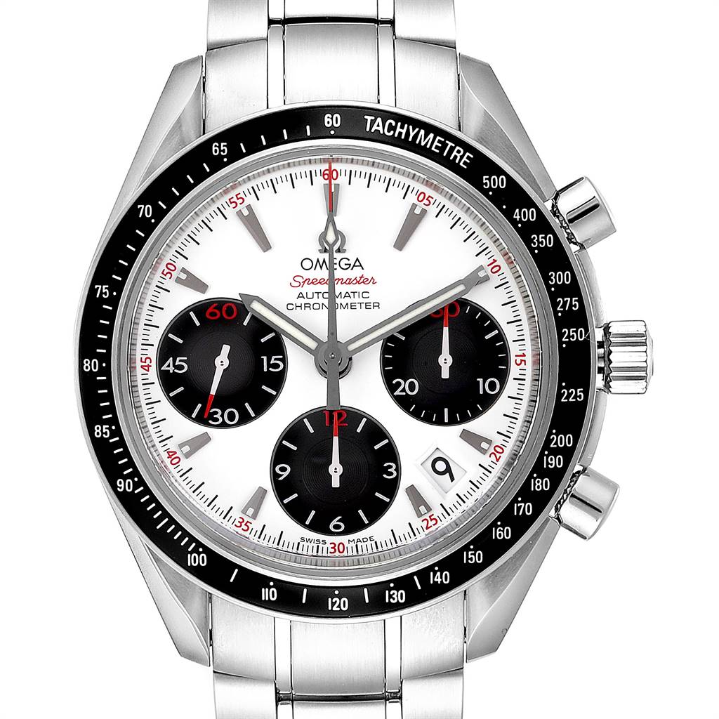 The image shows a front view of an Omega Speedmaster 323.30.40.40.04.001 Men's Stainless Steel White Dial 323.30.40.40.04.001 Men's Stainless Steel White Dial watch, highlighting its dial, subdials, tachymeter bezel, and stainless steel bracelet.