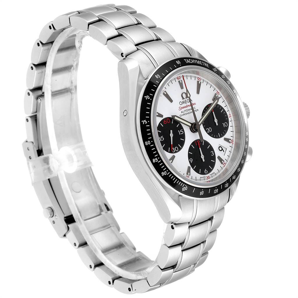 The image shows an angled side view of an Omega Speedmaster 323.30.40.40.04.001 Men's Stainless Steel White Dial 323.30.40.40.04.001 Men's Stainless Steel White Dial watch, highlighting its dial, bezel, and bracelet.