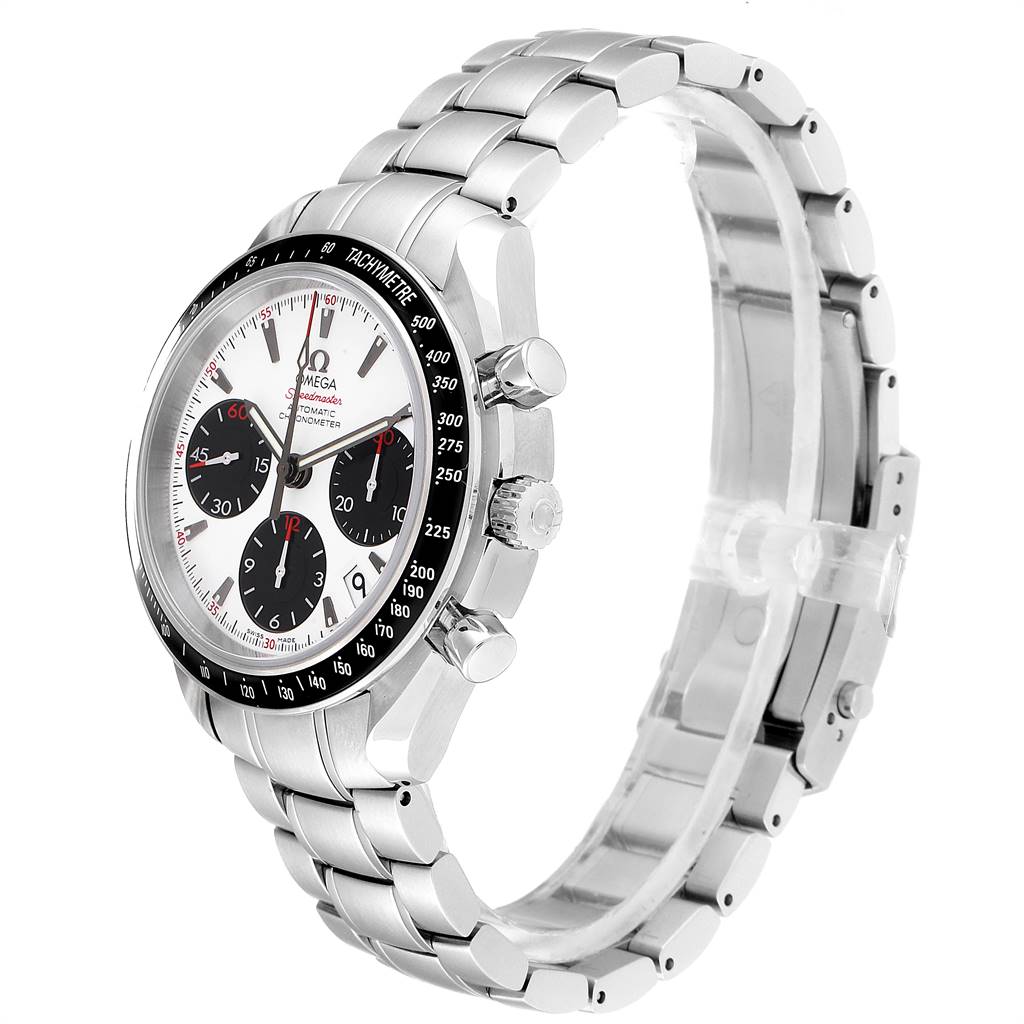 This image shows a side and front angle of an Omega Speedmaster 323.30.40.40.04.001 Men's Stainless Steel White Dial 323.30.40.40.04.001 Men's Stainless Steel White Dial watch, highlighting its bracelet, tachymeter bezel, and pushers.
