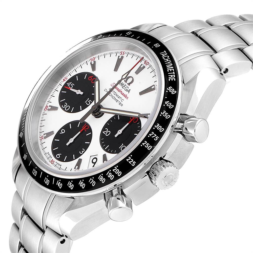 The Omega Speedmaster 323.30.40.40.04.001 Men's Stainless Steel White Dial 323.30.40.40.04.001 Men's Stainless Steel White Dial watch is shown at an oblique angle highlighting its tachymeter bezel, chronograph subdials, and metal bracelet.