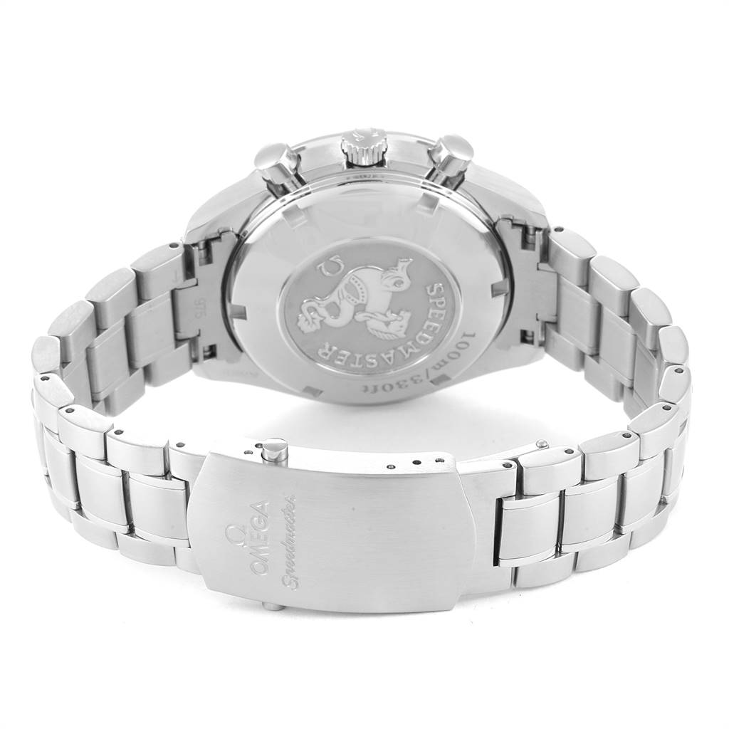 The image shows the back case and bracelet of the Omega Speedmaster 323.30.40.40.04.001 Men's Stainless Steel White Dial 323.30.40.40.04.001 Men's Stainless Steel White Dial watch, highlighting the clasp and case back engravings.