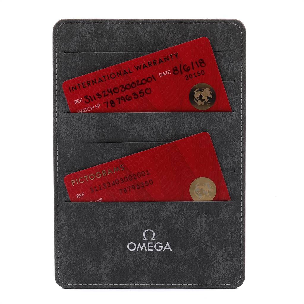 The image shows two red warranty and pictogram cards for an Omega Speedmaster 311.32.40.30.02.001 Men's Stainless Steel Silver Dial 311.32.40.30.02.001 Men's Stainless Steel Silver Dial watch in a grey cardholder.