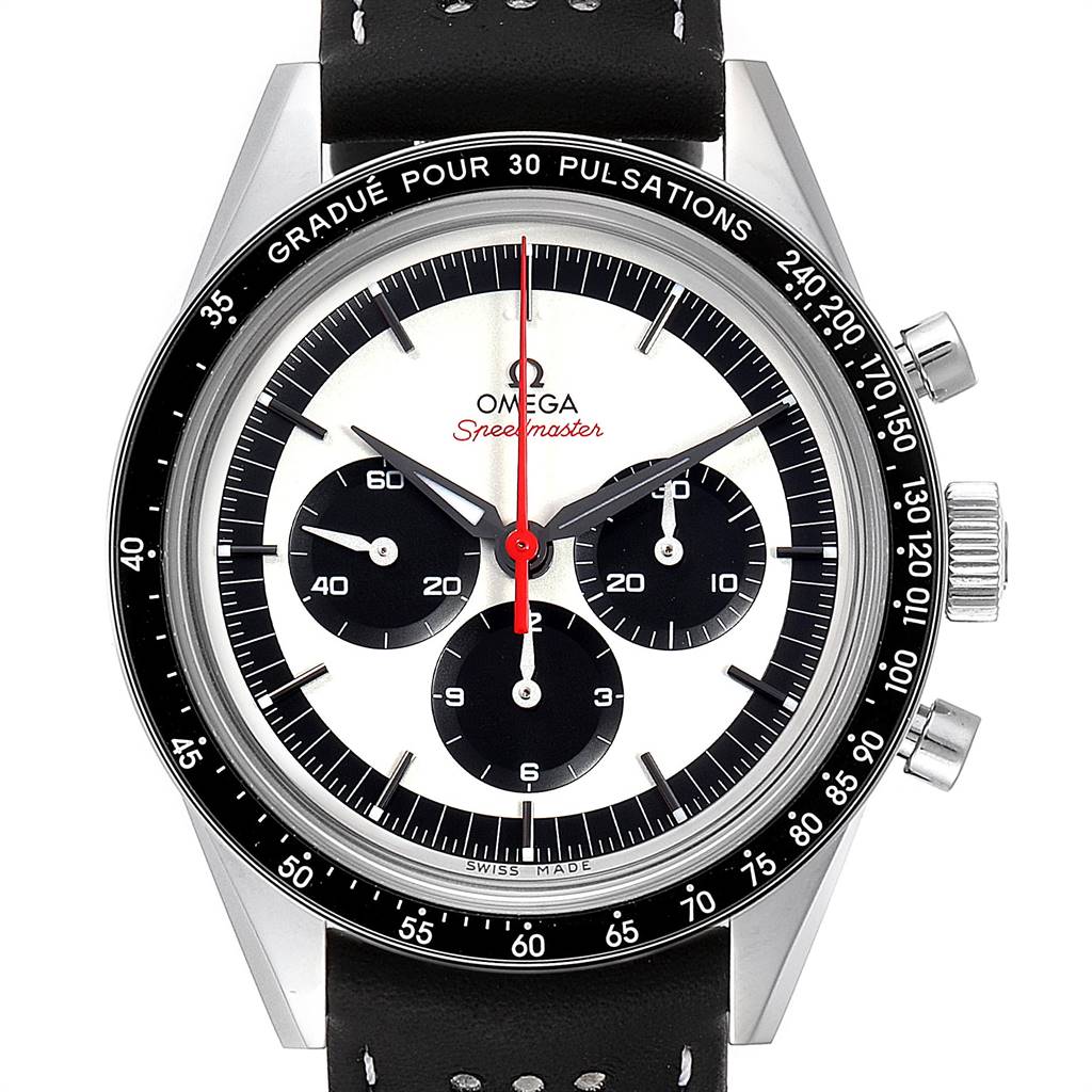 The image shows a frontal view of an Omega Speedmaster 311.32.40.30.02.001 Men's Stainless Steel Silver Dial 311.32.40.30.02.001 Men's Stainless Steel Silver Dial watch featuring a black and white dial and leather strap.
