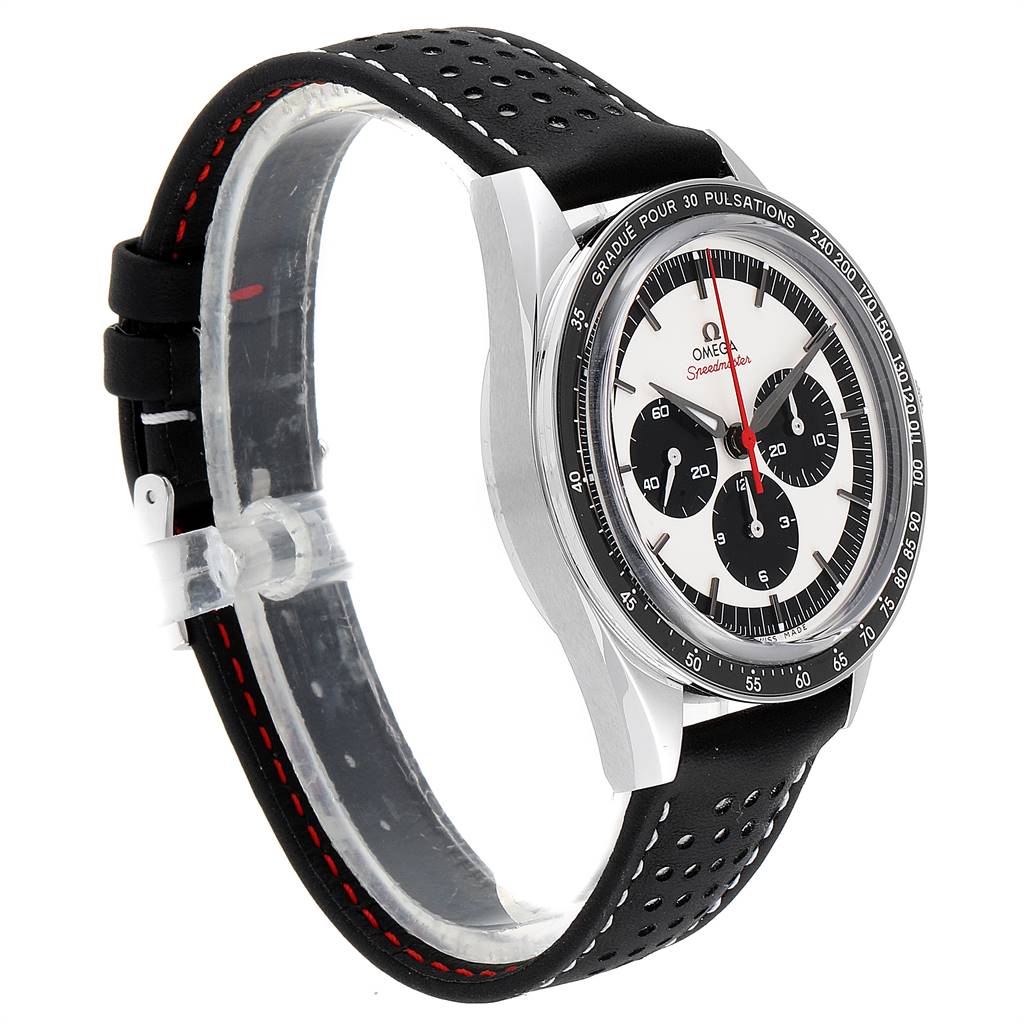 The Omega Speedmaster 311.32.40.30.02.001 Men's Stainless Steel Silver Dial 311.32.40.30.02.001 Men's Stainless Steel Silver Dial watch is shown from a three-quarter angle, highlighting its dial, case, and perforated leather strap.