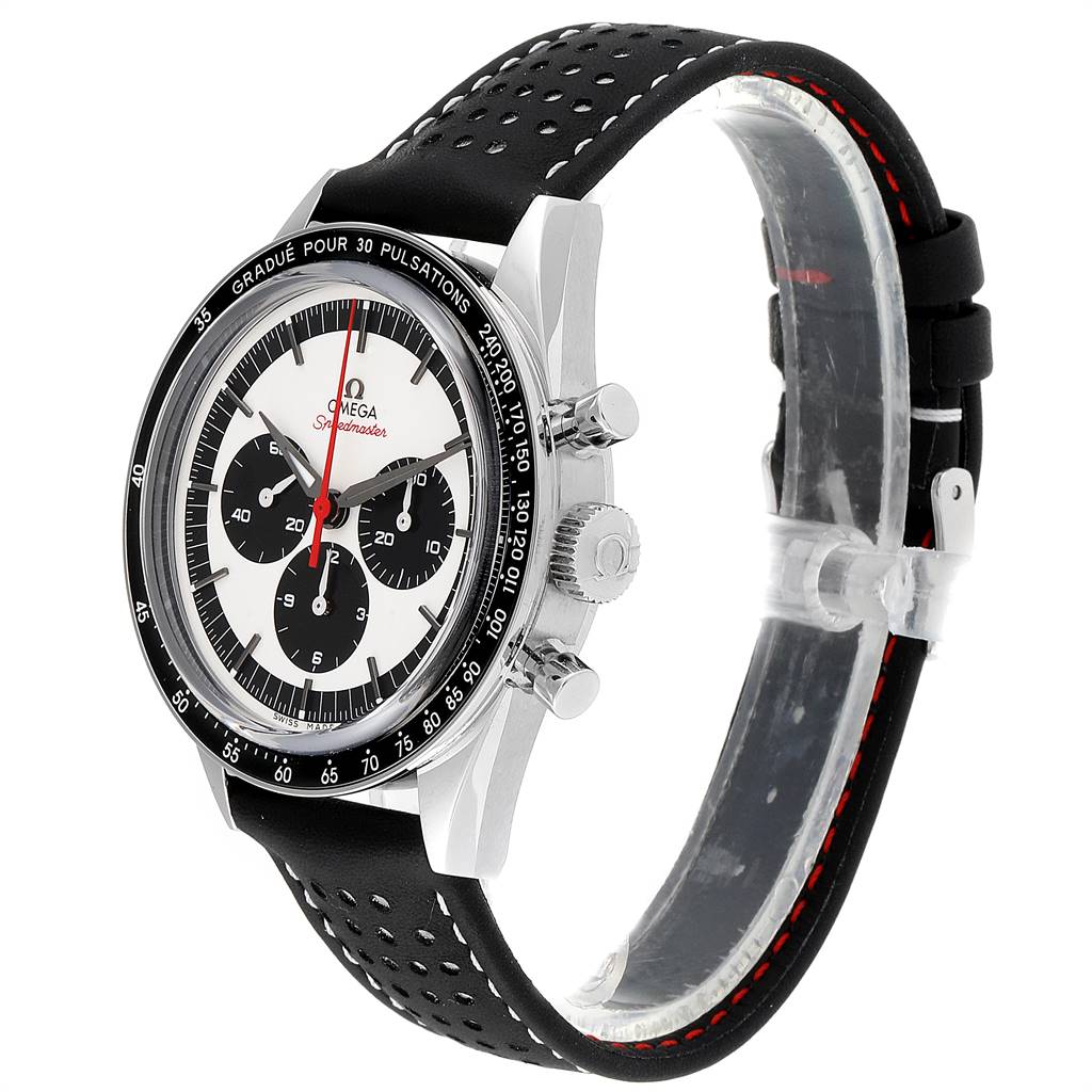 This image shows a side and front angle of the Omega Speedmaster 311.32.40.30.02.001 Men's Stainless Steel Silver Dial 311.32.40.30.02.001 Men's Stainless Steel Silver Dial watch, featuring the bezel, dial, crown, and perforated strap.