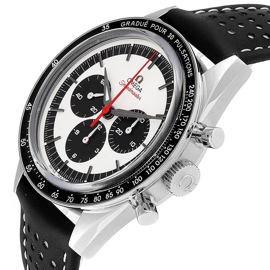 The image shows an Omega Speedmaster 311.32.40.30.02.001 Men's Stainless Steel Silver Dial 311.32.40.30.02.001 Men's Stainless Steel Silver Dial watch at a slight angle highlighting the face, bezel, crown, and part of the strap.