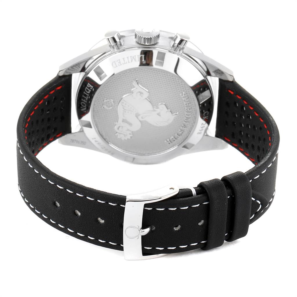 The image shows the back view of an Omega Speedmaster 311.32.40.30.02.001 Men's Stainless Steel Silver Dial 311.32.40.30.02.001 Men's Stainless Steel Silver Dial watch, displaying its case back and leather strap with a buckle.