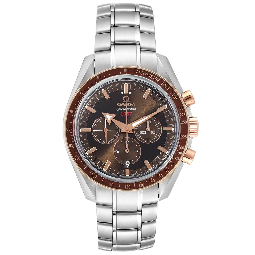 The Omega Speedmaster 321.90.42.50.13.002 Men's Steel and Gold (two tone) Brown Dial 321.90.42.50.13.002 Men's Steel and Gold (two tone) Brown Dial watch is shown from a top, front angle including its face, bezel, pushers, and stainless steel bracelet.