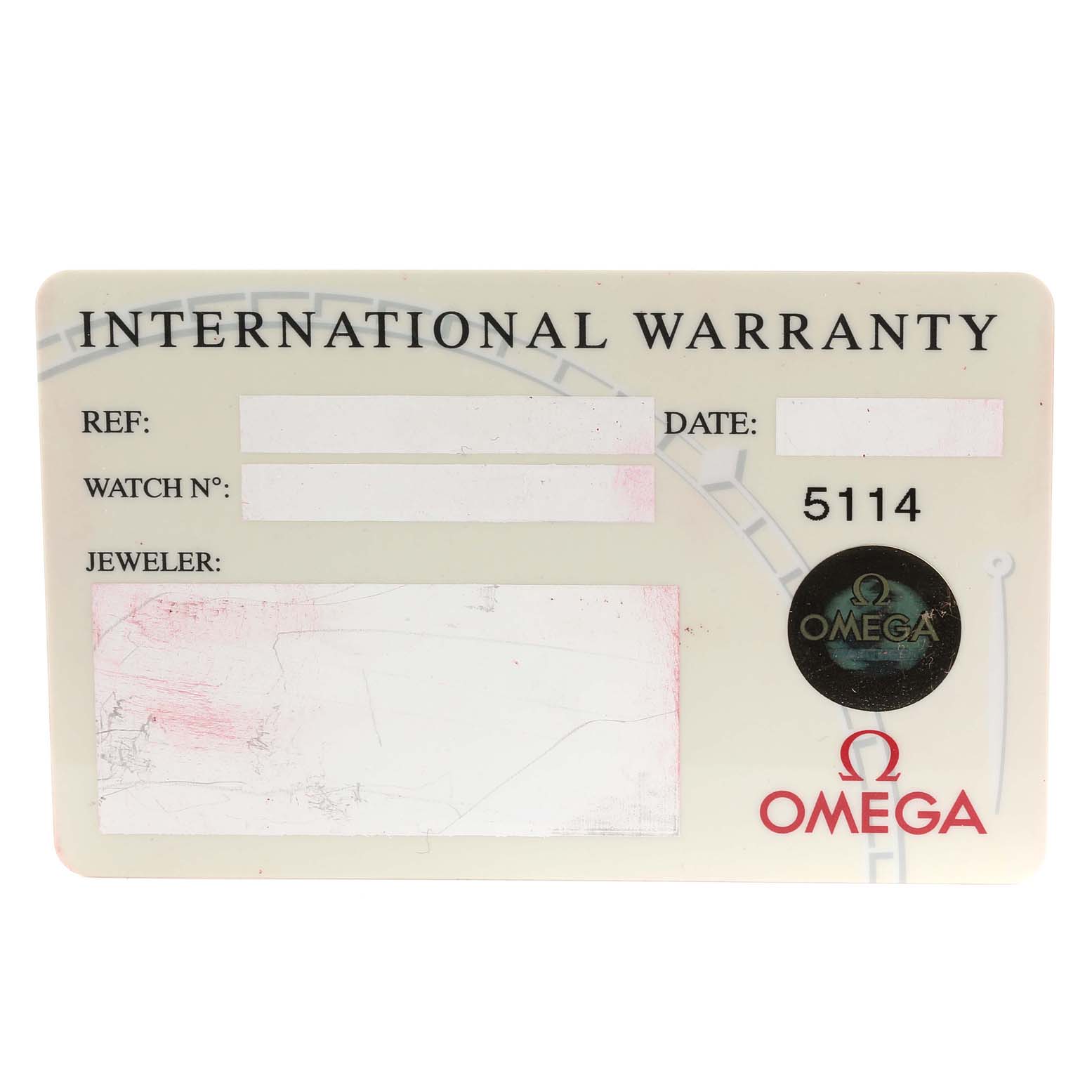 The image shows an International Warranty card for an Omega Speedmaster 3510.50.00 Men's Stainless Steel Black Dial 3510.50.00 Men's Stainless Steel Black Dial watch, displaying fields for reference, date, watch number, and jeweler.