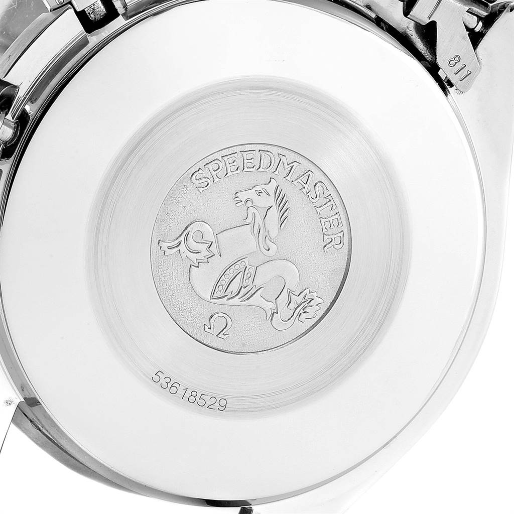 This image shows the engraved case back of an Omega Speedmaster 3510.50.00 Men's Stainless Steel Black Dial 3510.50.00 Men's Stainless Steel Black Dial watch.