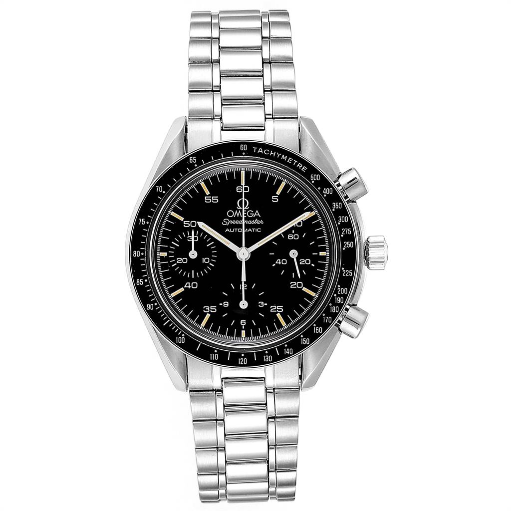 This image shows a front view of the Omega Speedmaster 3510.50.00 Men's Stainless Steel Black Dial 3510.50.00 Men's Stainless Steel Black Dial watch, displaying its black dial, tachymeter bezel, and stainless steel bracelet.